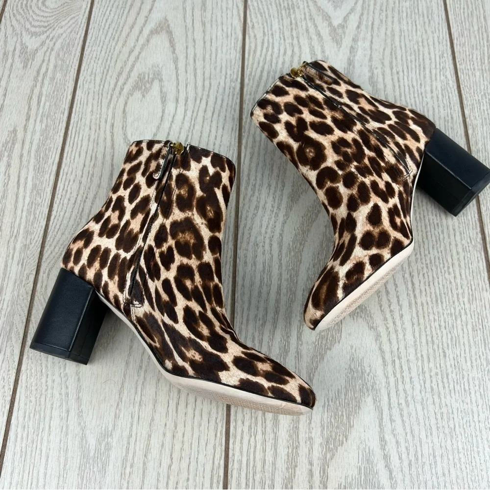 Tory Burch Brooke Leopard Calf Hair Ankle Heeled Booties 6 Brown/Tan/Black $398